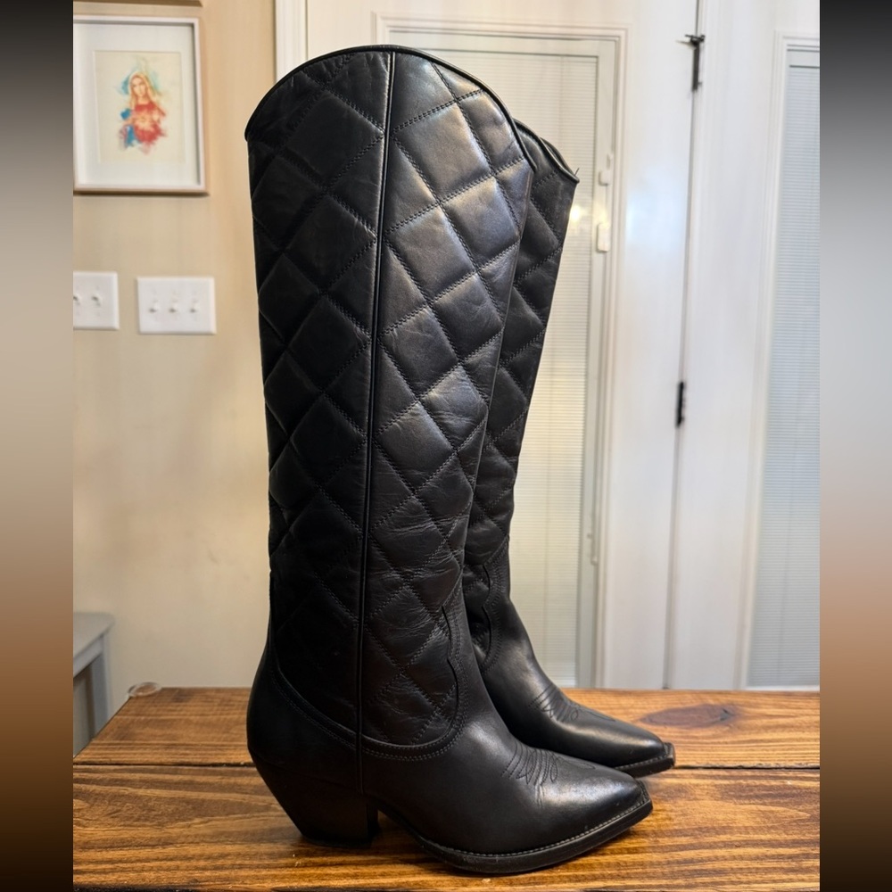 Sandro Black Quilted Leather Cowboy Boots